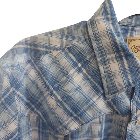 Large Wrangler Mens Western Blue Plaid Short Sleeve Shirt Pearl Snap Buttons - Picture 4 of 12